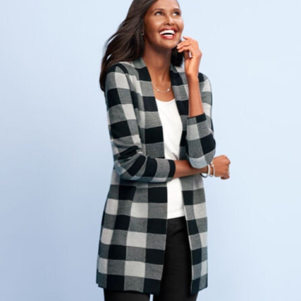 Talbots Size M Pure Merino Wool Black Gray Buffalo‎ Plaid Open Front Coatigan